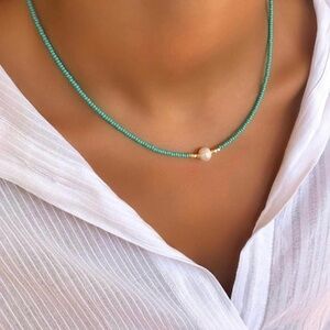 Turquoise Beaded Necklace with Pearl Accent